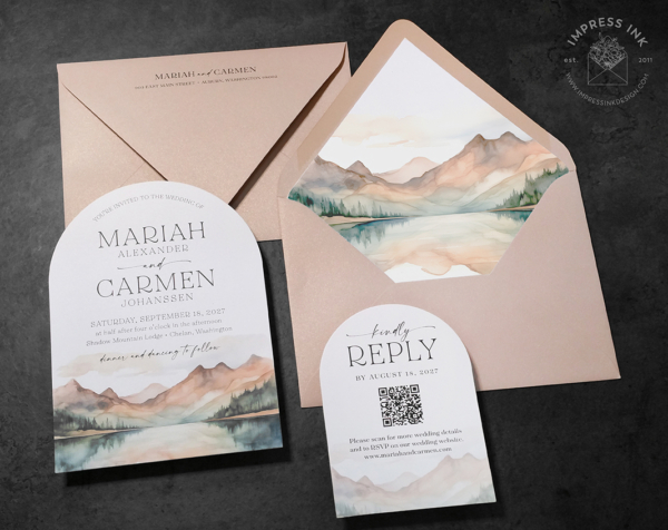 Watercolor Mountains Arch Invitation with southwestern inspired landscape in shades of beige, tan, nude, and greens