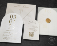Gold Date Arch Invitation with gold foil imprint wedding date and pearl translucent vellum wraps