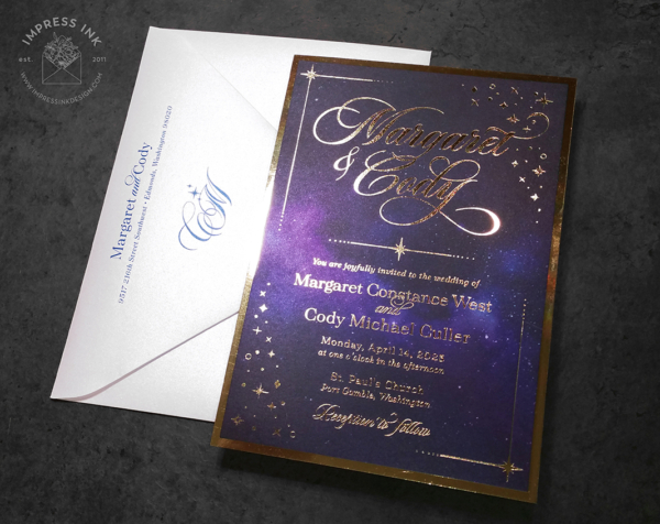 Celestial Galaxy Space Invitation with gold foil imprint