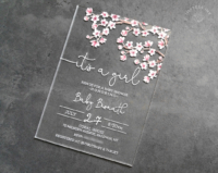 Acrylic Cherry Blossom Invitation for a baby shower with pink flowery branches on a clear card