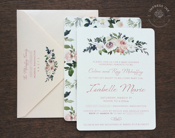 Floral Baby Shower Invitation with dusty rose rustic florals and pink text and envelopes
