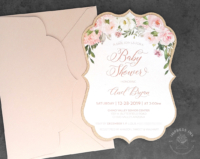 Pink Floral Shower Invitation with bracket shaped card with rose gold backing layer,
