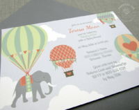 Hot Air Balloon Invitation for baby shower in muted green and pink tones