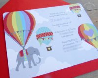 Hot Air Balloon Invitation for baby shower in bright rainbow colors