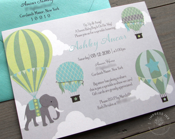 Hot Air Balloon Invitation for baby shower in muted green and turquoise tones