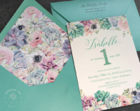 Succulents Baby Birthday Invitation with pastel florals and turquoise envelopes