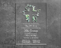 Greenery Cross Acrylic Invitation for baby baptism or christening, printed on clear acrylic card