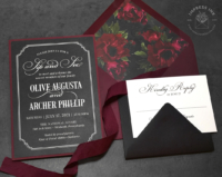 Burgundy Flower Baby Invitation featuring dark moody peony theme with black background for a baby shower with bl