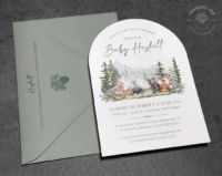 Wilderness Baby Shower Invitation with forest animals on an arch shaped card