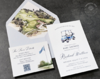 Golf Baby Shower Invitation with golf cart and golf course envelope liners