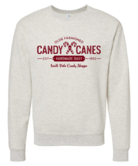Unisex Candy Cane Crewneck Sweatshirt featuring a festive Christmas holiday graphic in burgundy red on a cozy oatmeal heather crewneck sweatshirt.
