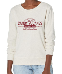 Women's Candy Cane Crewneck Sweatshirt featuring a festive Christmas holiday graphic in burgundy red on a cozy oatmeal heather crewneck sweatshirt.
