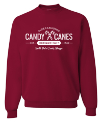 Unisex Candy Cane Crewneck Sweatshirt featuring a festive Christmas holiday graphic in white on a cozy cardinal red crewneck sweatshirt.