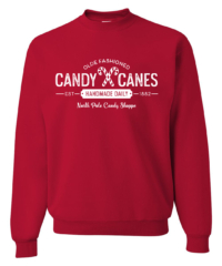 Unisex Candy Cane Crewneck Sweatshirt featuring a festive Christmas holiday graphic in white on a cozy true red crewneck sweatshirt.