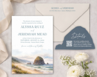 Cannon Beach landscape invitation with silhouettes of Haystack Rock