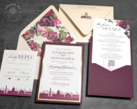 Burgundy Washington DC Invitation with silhouettes of Washington DC's city skyline and iconic landmarks and peony floral accents in shades of burgundy.