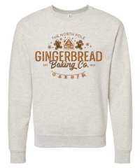 Unisex Gingerbread Crewneck Sweatshirt featuring a festive Christmas holiday graphic in rust and brown on a cozy oatmeal heather crewneck sweatshirt.