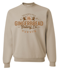 Unisex Gingerbread Crewneck Sweatshirt featuring a festive Christmas holiday graphic in rust and brown on a cozy sandstone beige crewneck sweatshirt.