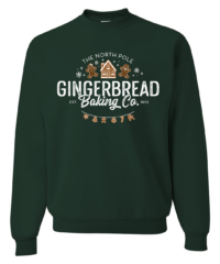 Unisex Gingerbread Crewneck Sweatshirt featuring a festive Christmas holiday graphic in rust and brown on a cozy forest green crewneck sweatshirt.