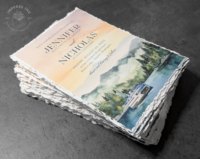 Pacific Northwest Wedding Invitations with watercolor artwork of mountains, water, and a ferry boat