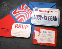 Retro Washington State license plate invitations in red and blue hues