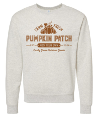 Unisex Pumpkin Patch Crewneck Sweatshirt featuring a festive Autumn holiday graphic in rust orange on a cozy Oatmeal Heather crewneck sweatshirt.