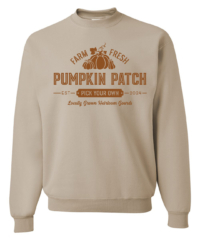 Unisex Pumpkin Patch Crewneck Sweatshirt featuring a festive Autumn holiday graphic in rust orange on a cozy Sandstone Beige crewneck sweatshirt.