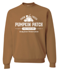 Unisex Pumpkin Patch Crewneck Sweatshirt featuring a festive Autumn holiday graphic in white on a cozy Golden Pecan crewneck sweatshirt.