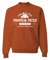 Unisex Pumpkin Patch Crewneck Sweatshirt featuring a festive Autumn holiday graphic in white on a cozy Texas Orange crewneck sweatshirt.