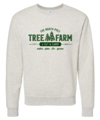 Unisex Tree Farm Crewneck Sweatshirt featuring a festive Christmas holiday graphic in green on a cozy Oatmeal Heather crewneck sweatshirt.