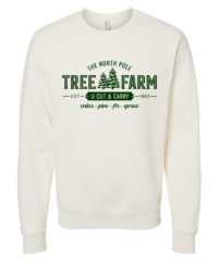 Unisex Tree Farm Crewneck Sweatshirt featuring a festive Christmas holiday graphic in green on a cozy Sweet Cream crewneck sweatshirt.