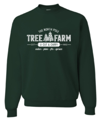 Unisex Tree Farm Crewneck Sweatshirt featuring a festive Christmas holiday graphic in white on a cozy Forest Green crewneck sweatshirt.