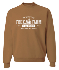Unisex Tree Farm Crewneck Sweatshirt featuring a festive Christmas holiday graphic in white on a cozy Golden Pecan crewneck sweatshirt.