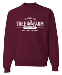 Unisex Tree Farm Crewneck Sweatshirt featuring a festive Christmas holiday graphic in white on a cozy Maroon Red crewneck sweatshirt.