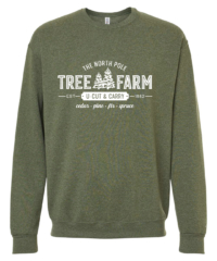 Unisex Tree Farm Crewneck Sweatshirt featuring a festive Christmas holiday graphic in white on a cozy Military Green Heather crewneck sweatshirt.