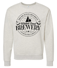 Unisex Wicked Brewery Crewneck Sweatshirt featuring a festive haunted Halloween holiday graphic in black on a cozy Oatmeal Heather crewneck sweatshirt.