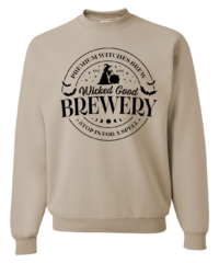 Unisex Wicked Brewery Crewneck Sweatshirt featuring a festive haunted Halloween holiday graphic in black on a cozy Sandstone Beige crewneck sweatshirt.