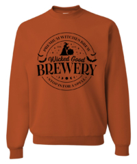 Unisex Wicked Brewery Crewneck Sweatshirt featuring a festive haunted Halloween holiday graphic in black on a cozy Texas Orange crewneck sweatshirt.