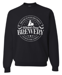Unisex Wicked Brewery Crewneck Sweatshirt featuring a festive haunted Halloween holiday graphic in white on a cozy Black crewneck sweatshirt.