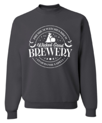 Unisex Wicked Brewery Crewneck Sweatshirt featuring a festive haunted Halloween holiday graphic in white on a cozy Charcoal Gray crewneck sweatshirt.