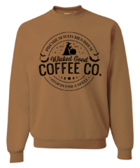 Unisex Wicked Coffee Crewneck Sweatshirt featuring a festive haunted Halloween holiday graphic in black on a cozy Golden Pecan crewneck sweatshirt.