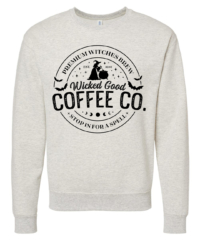 Unisex Wicked Coffee Crewneck Sweatshirt featuring a festive haunted Halloween holiday graphic in black on a cozy Oatmeal Heather crewneck sweatshirt.