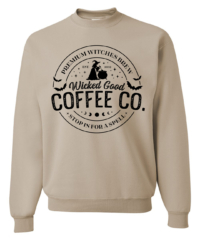 Unisex Wicked Coffee Crewneck Sweatshirt featuring a festive haunted Halloween holiday graphic in black on a cozy Sandstone Beige crewneck sweatshirt.