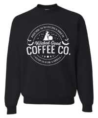 Unisex Wicked Coffee Crewneck Sweatshirt featuring a festive haunted Halloween holiday graphic in white on a cozy Black crewneck sweatshirt.